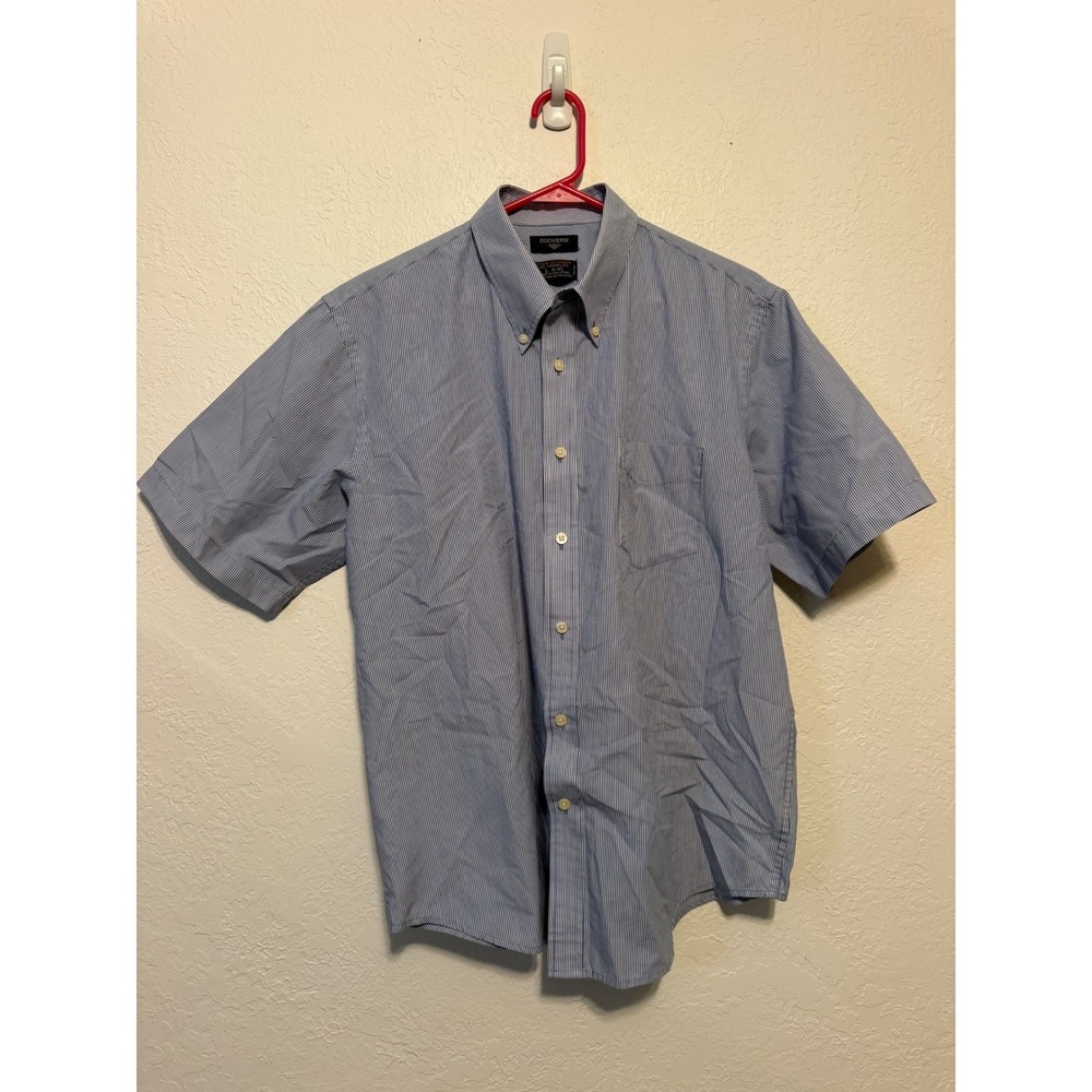Dockers Mens Blue White Pinstripe Short Sleeve Button Down Shirt Large L 16-16.5
